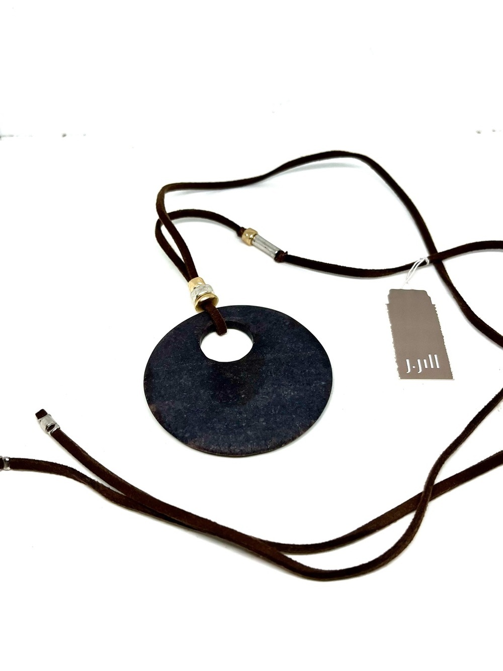 J. Jill Brown Suede Cord Necklace with Dark Disc Pendant